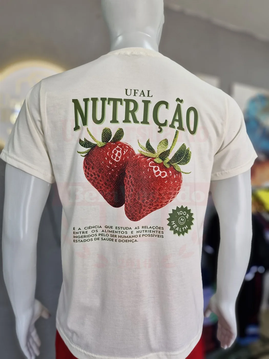 Camiseta Off White Nutrição UFAL — estampa nas costas